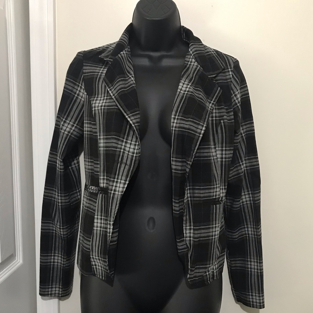 Fitted black/white/gray plaid Elbow length blazer
